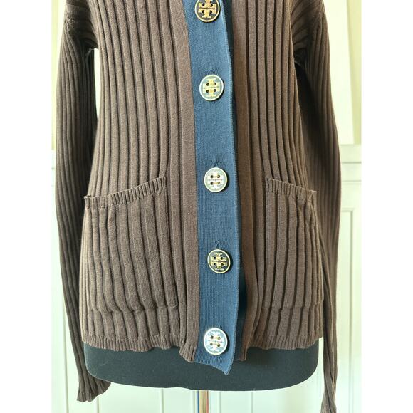Tory Burch Button Front Cardigan Sweater Brown Blue Trim Goldtone Buttons Sz L - Picture 3 of 12
